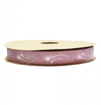 Stoffband Baumwolle puderig/rosa, bedruckt mit Komet/Sternenschweif weiss 15mm, 20m